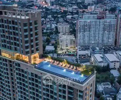 Luxurious rooftop pool with stunning cityscape view in high-rise building