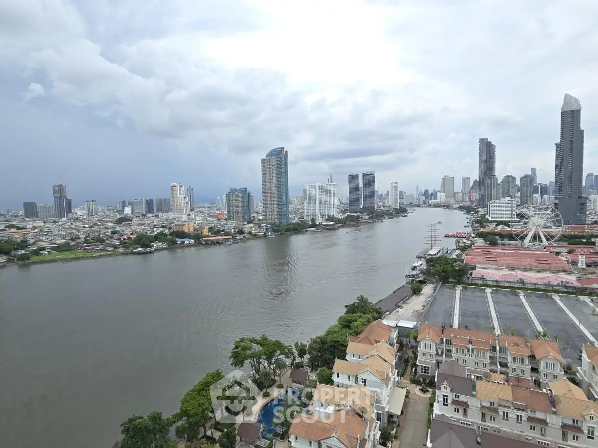 Stunning riverfront cityscape view with modern skyscrapers and luxurious riverside homes.