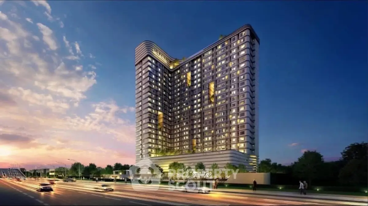 Stunning modern high-rise building with unique architecture and lush greenery, perfect for urban living.