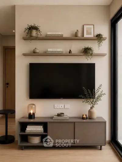 Modern living room with wall-mounted TV, stylish shelves, and elegant decor