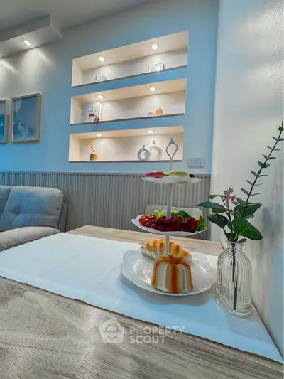 Modern living room with stylish shelving and elegant decor