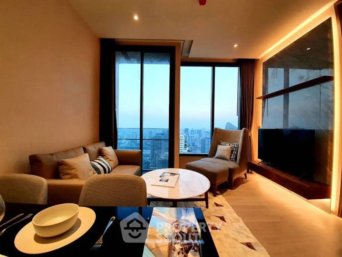 Luxurious living room with stunning city view and modern decor