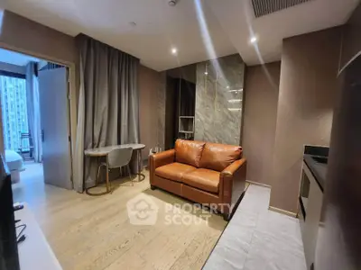 Modern living room with leather sofa and elegant decor in urban apartment