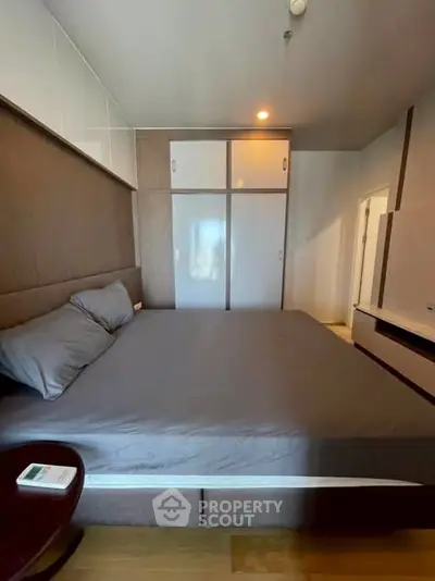 Modern bedroom with sleek design and built-in wardrobe