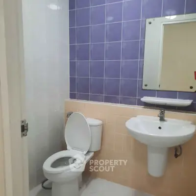 Compact bathroom with purple and beige tiles, featuring a toilet and sink.