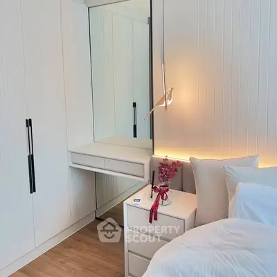 Modern bedroom with sleek white furniture and ambient lighting