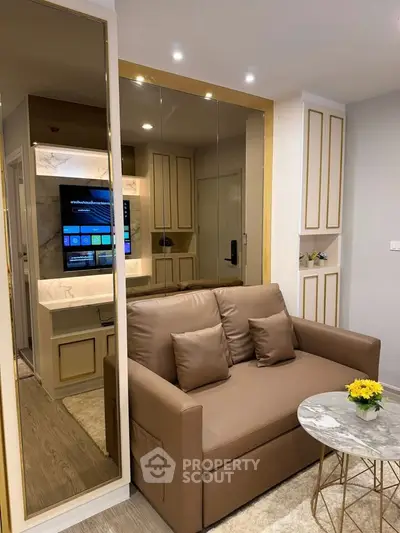 Modern living room with elegant brown sofa and stylish decor