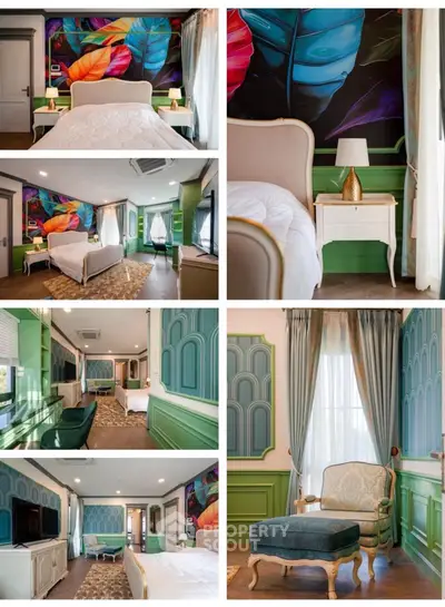 Luxurious bedroom with vibrant wall art and elegant furnishings