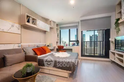Modern studio apartment with stylish decor and city view balcony