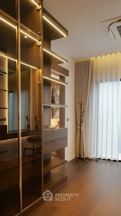 Luxurious modern living room with elegant wood paneling and ambient lighting