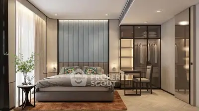 Luxurious bedroom with elegant decor and walk-in closet, perfect for modern living.