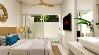 Luxurious bedroom with pool view, modern decor, and natural light in a tropical setting.