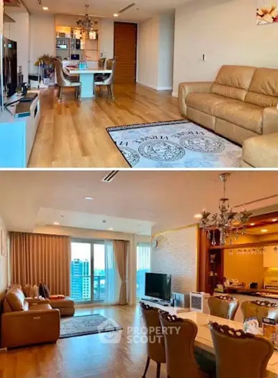Spacious living room with elegant decor and open layout, featuring leather sofas and a dining area.