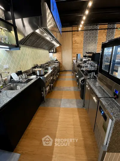 Modern commercial kitchen with stainless steel appliances and granite countertops, ideal for culinary businesses.