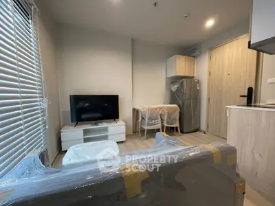 Modern living room with TV, sofa, and kitchen area in a cozy apartment.