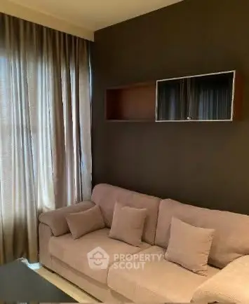 Cozy living room with modern sofa and stylish wall shelving