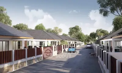 Charming suburban street with modern single-story homes and lush greenery.