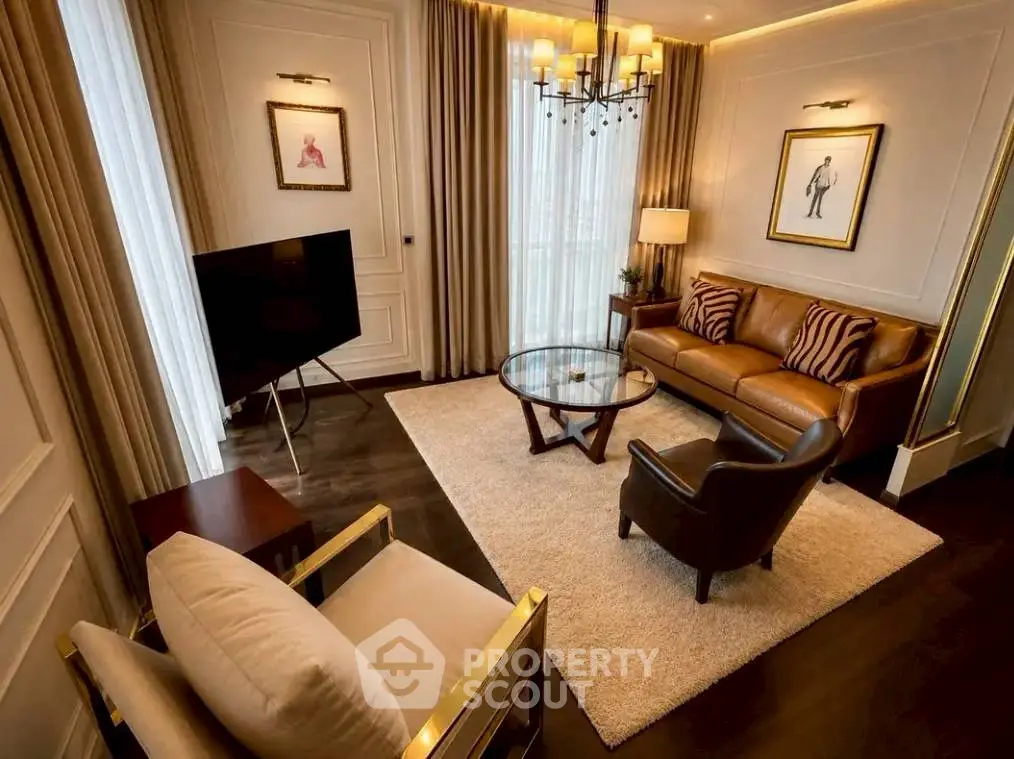 Luxurious living room with elegant decor, leather sofa, and modern lighting in a sophisticated apartment.