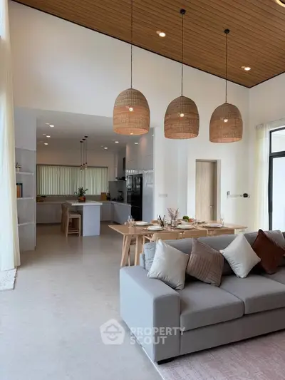Spacious modern living room with open kitchen, stylish lighting, and cozy seating area.