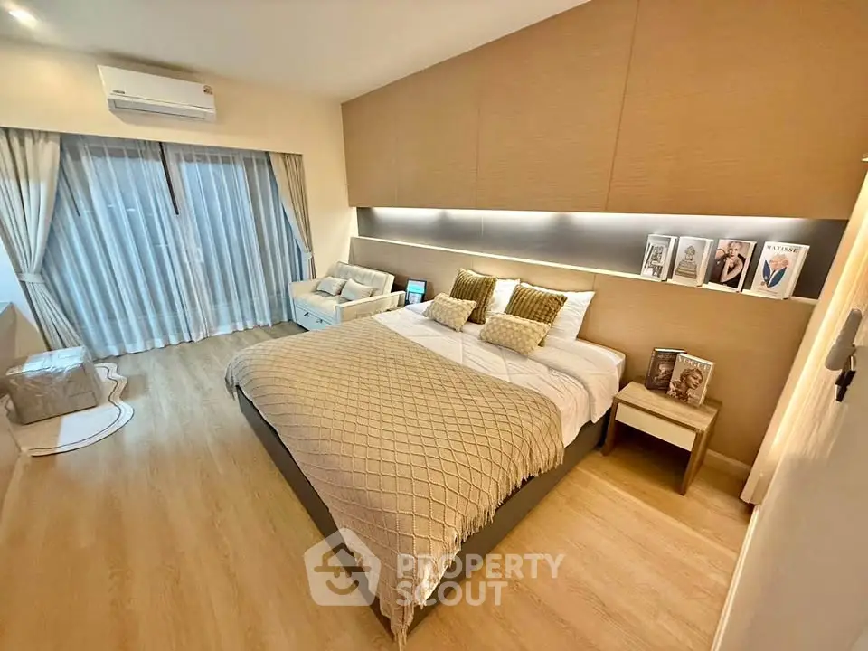 Luxurious bedroom with modern decor and ambient lighting