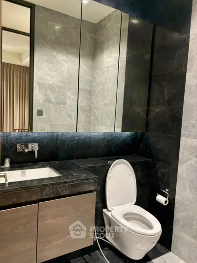 Luxurious modern bathroom with sleek black marble and elegant fixtures.