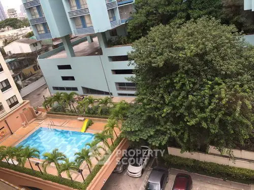 Stunning aerial view of a residential pool surrounded by lush greenery and modern architecture.