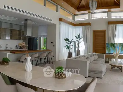 Luxurious open-plan living room with modern kitchen and elegant decor
