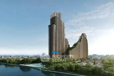 Stunning riverside high-rise building with lush greenery and panoramic city views.