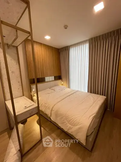 Modern bedroom with cozy lighting and elegant wooden accents