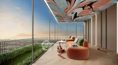 Luxurious balcony with stunning city view and modern seating area.