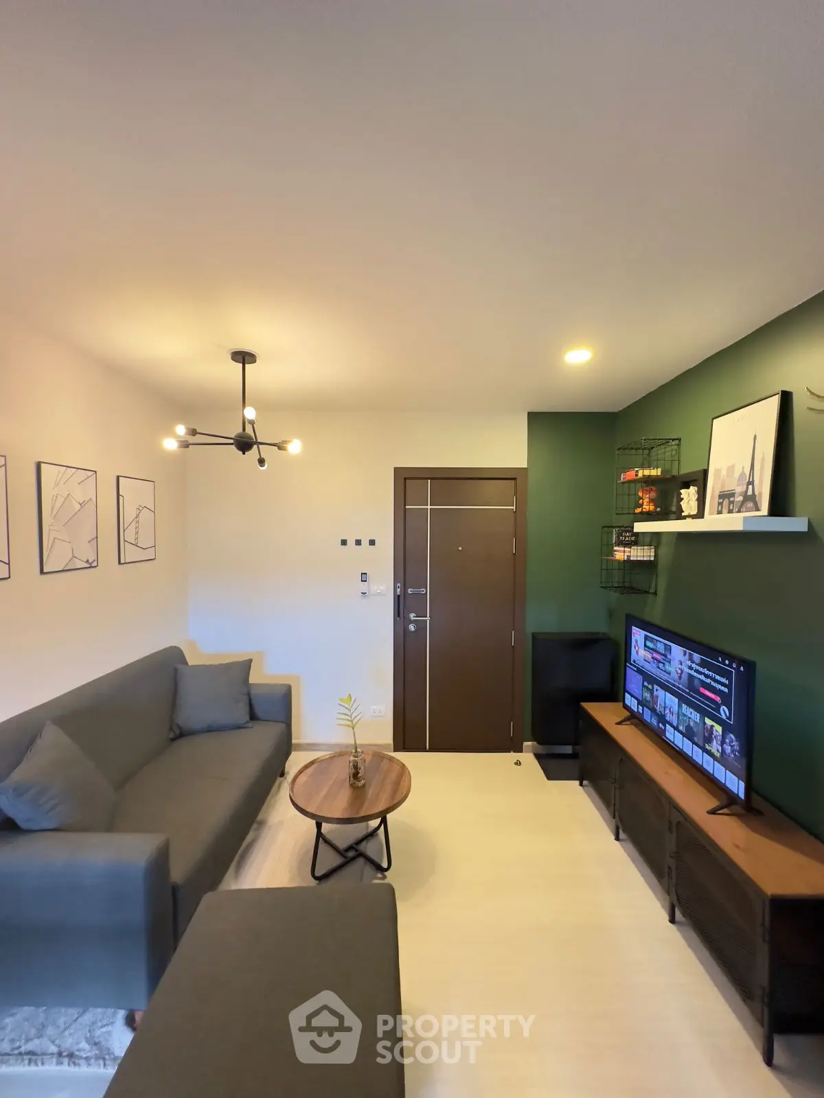 Modern living room with stylish decor and cozy seating area