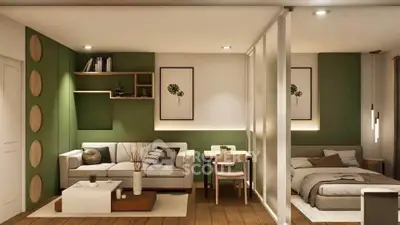 Stylish studio apartment with modern decor and cozy living area