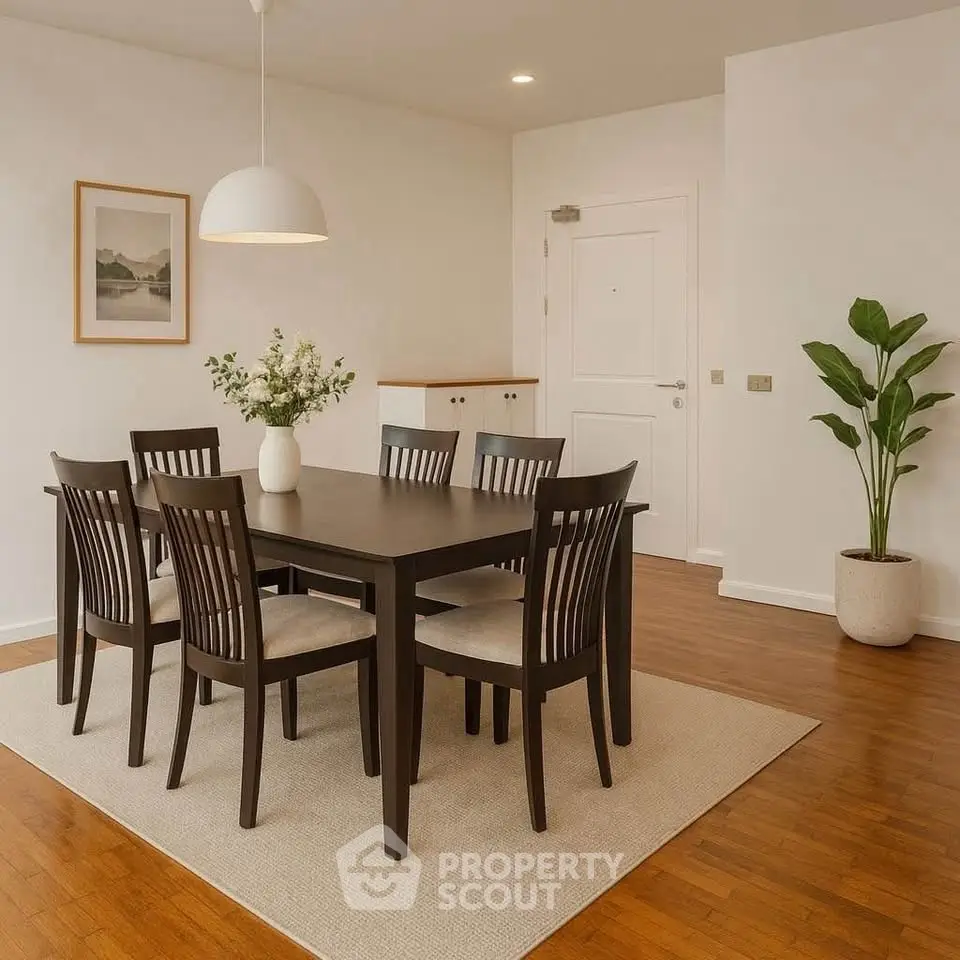 Elegant dining area with dark wood table and chairs, modern lighting, and minimalist decor.