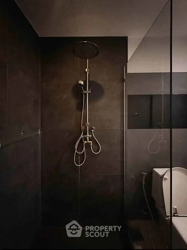 Modern bathroom with sleek black tiles and rainfall showerhead