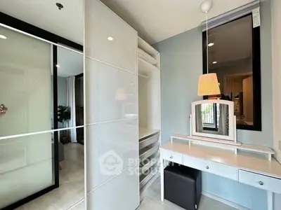 Modern bedroom with sleek wardrobe and stylish vanity area