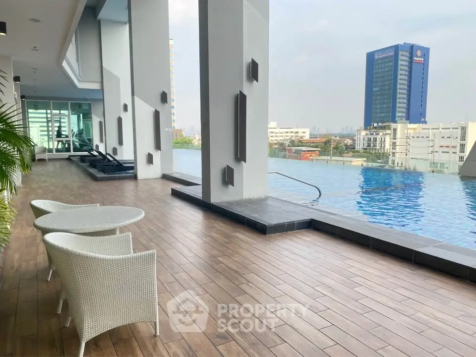 Luxurious rooftop pool with city view and modern seating area