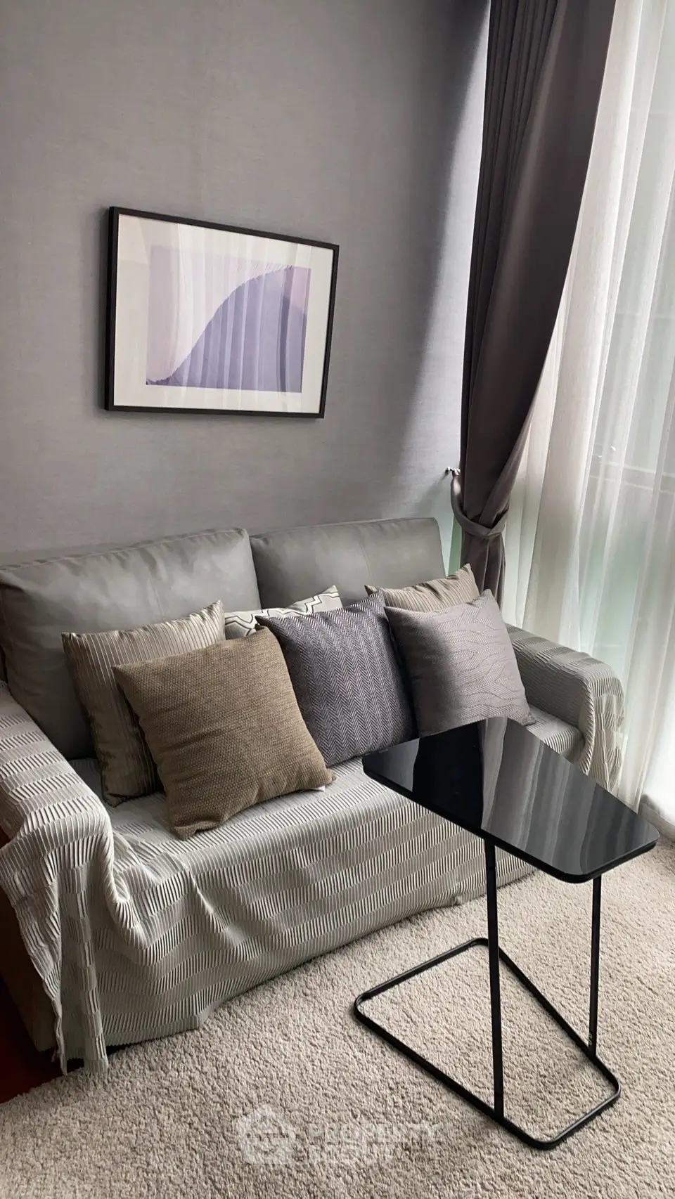 Cozy living room with modern sofa, stylish cushions, and elegant decor in a bright, inviting space.