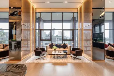 Luxurious modern living room with floor-to-ceiling windows and city view