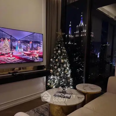 Luxurious living room with festive decor and stunning city view at night.