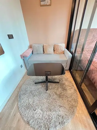 Cozy living room with modern sofa, glass table, and plush rug in stylish apartment.