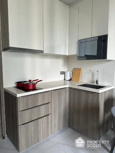 Modern kitchen with sleek cabinetry and built-in microwave in a compact layout.