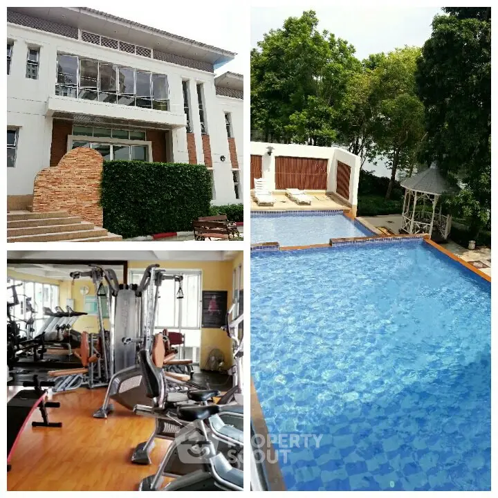 Luxurious property with modern gym and inviting pool surrounded by lush greenery.