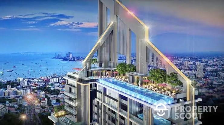 Luxurious rooftop pool with stunning city and ocean views in modern high-rise building.