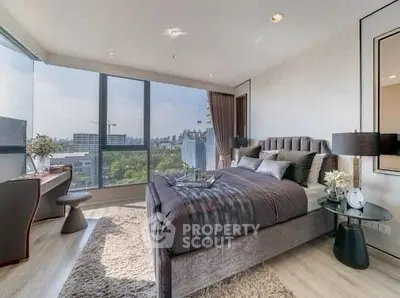 Luxurious bedroom with city view and elegant decor in modern apartment