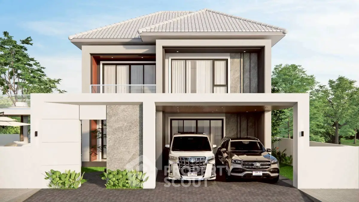 Modern two-story house with garage and luxury cars, elegant facade and lush greenery.