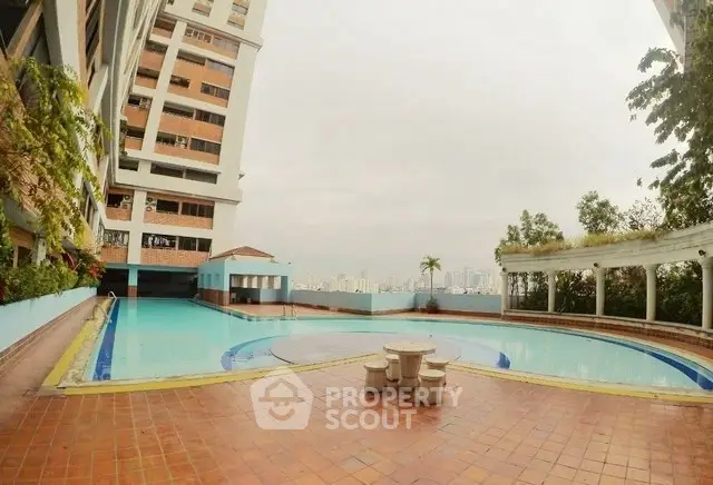 Luxurious high-rise building with stunning rooftop pool and city view
