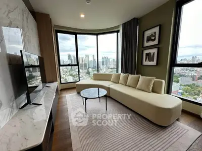 Luxurious living room with panoramic city view and modern decor