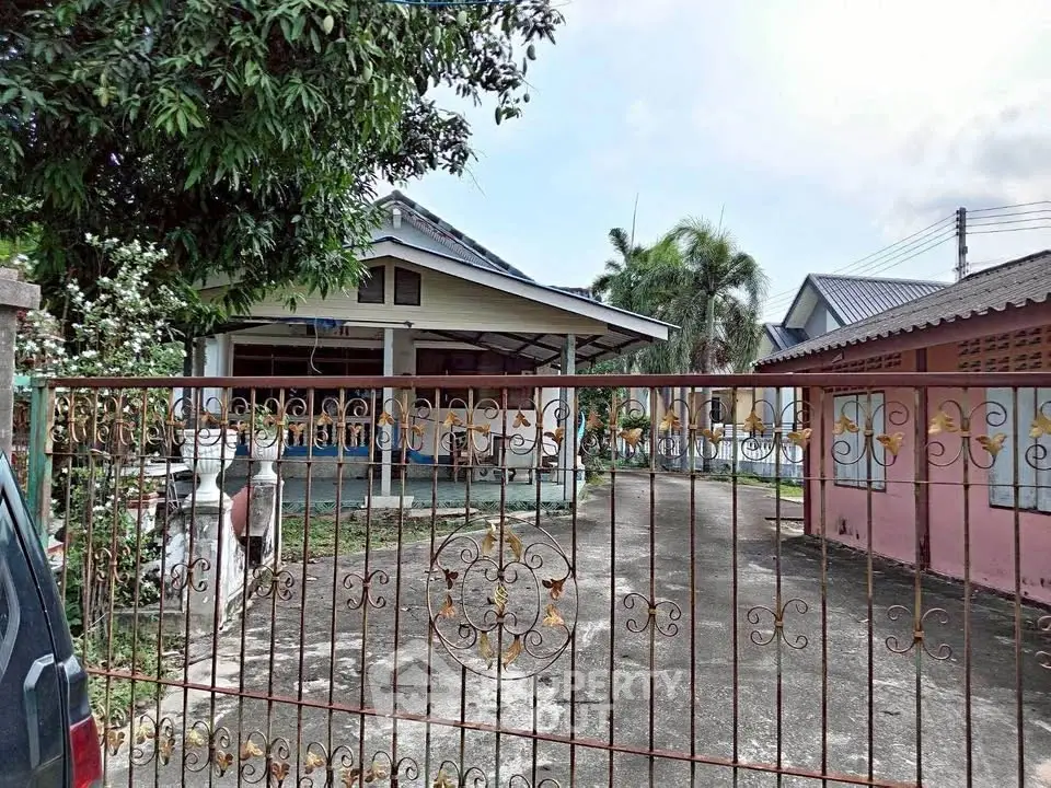 Charming single-story home with spacious driveway and lush greenery.