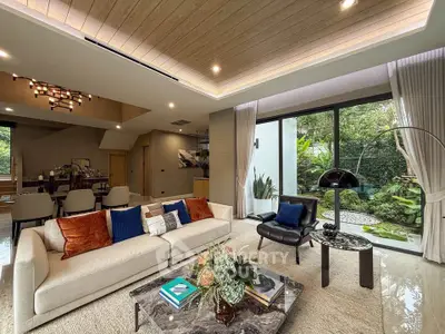 Luxurious modern living room with elegant decor and garden view