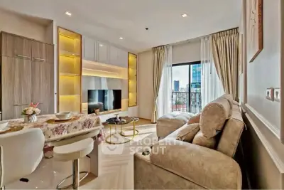 Luxurious living room with elegant decor and city view, featuring plush seating and modern entertainment center.
